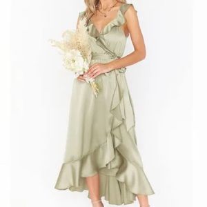 Samantha Ruffle Wrap Dress from Show Me Your Mumu 
Moss Green Luxe Satin